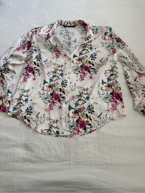 Zara White Floral Print Top with Pink & Teal Accents